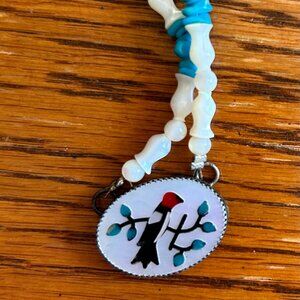 Vintage Zuni Signed "BW" Inlay Mother of Pearl Bird Sterling Turquoise Necklace